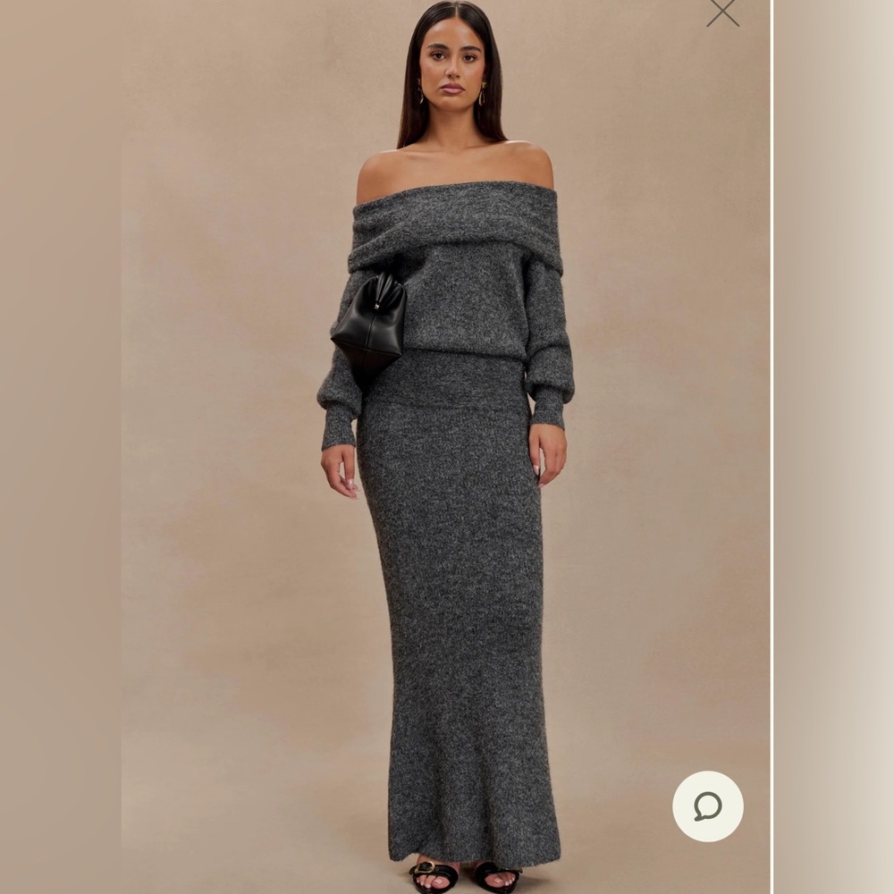MESHKI charcoal skirt + off the shoulder sweater set. Sz XS in both. Worn once!